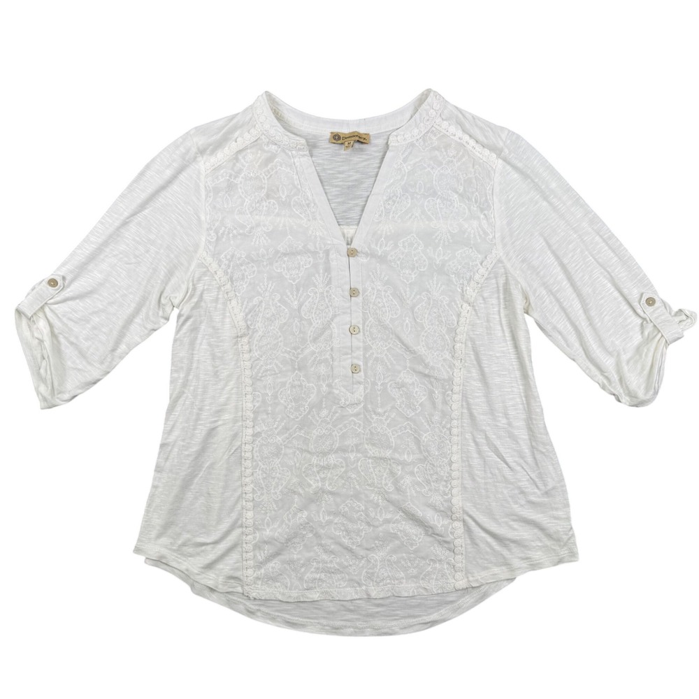 Democracy Blouse Womens Medium Boho Embroidered White Floral Long Sleeve Rayon